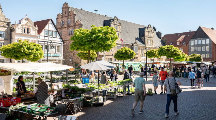Wochenmarkt auf dem Marktplatz von Stadthagen.